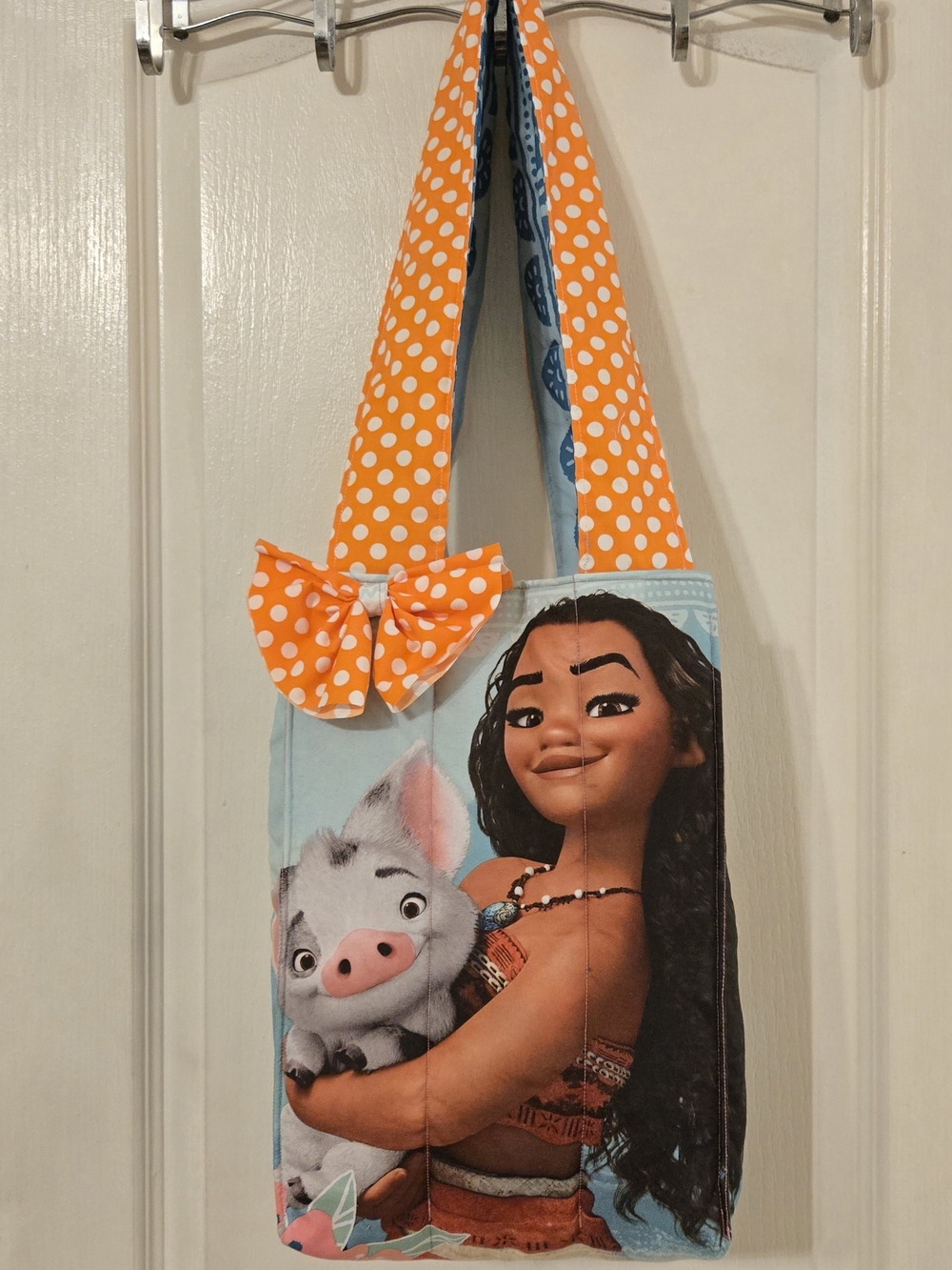 Handmade Disney Moana Tote Bag with Orange Polka-Dot Straps